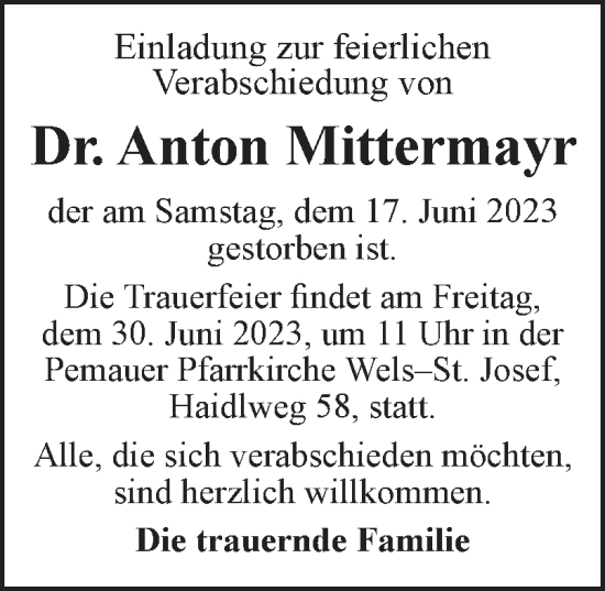 Traueranzeige von Anton Mittermayr von OÖNachrichten