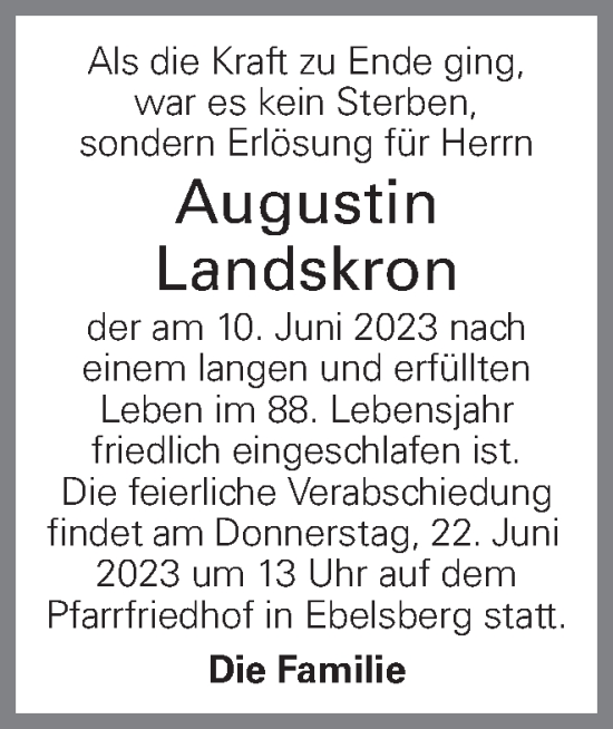 Traueranzeige von Augustin Landskron von OÖNachrichten