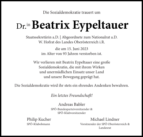 Traueranzeige von Beatrix Eypeltauer von OÖNachrichten