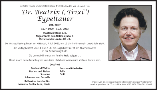 Traueranzeige von Beatrix Eypeltauer von OÖNachrichten