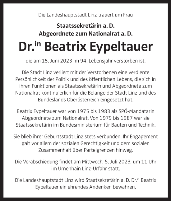 Traueranzeige von Beatrix Eypeltauer von OÖNachrichten