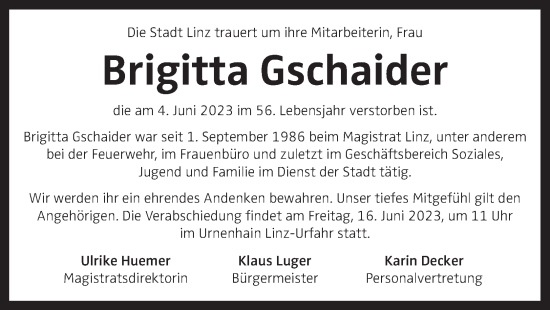 Traueranzeige von Brigitta Gschaider von OÖNachrichten