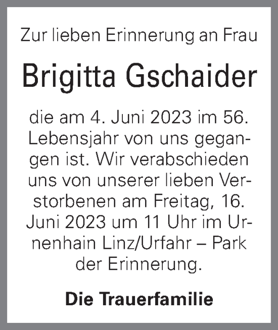 Traueranzeige von Brigitta Gschaider von OÖNachrichten