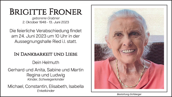 Traueranzeige von Brigitte Froner von OÖNachrichten