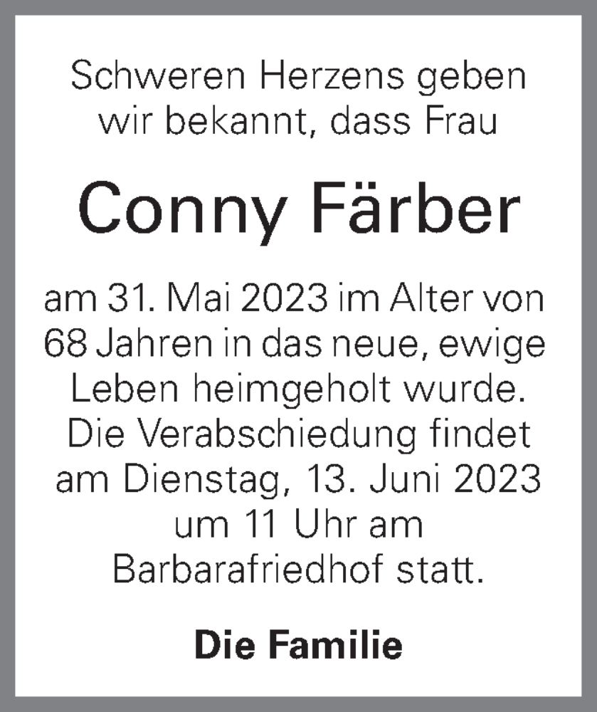  Traueranzeige für Conny Färber vom 07.06.2023 aus OÖNachrichten