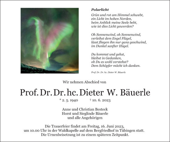Traueranzeige von Dieter W. Bäuerle von OÖNachrichten
