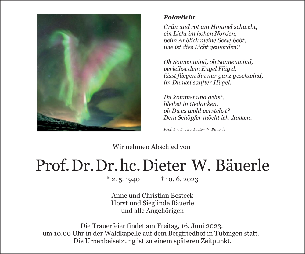  Traueranzeige für Dieter W. Bäuerle vom 14.06.2023 aus OÖNachrichten
