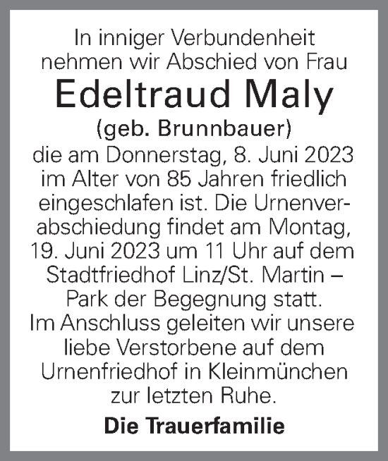 Traueranzeige von Edeltraud Maly von OÖNachrichten