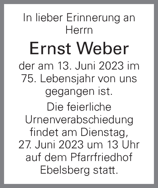 Traueranzeige von Ernst Weber von OÖNachrichten