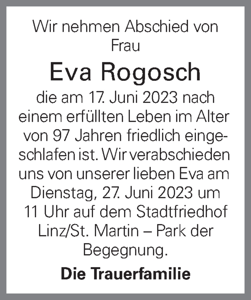  Traueranzeige für Eva Rogosch vom 23.06.2023 aus OÖNachrichten