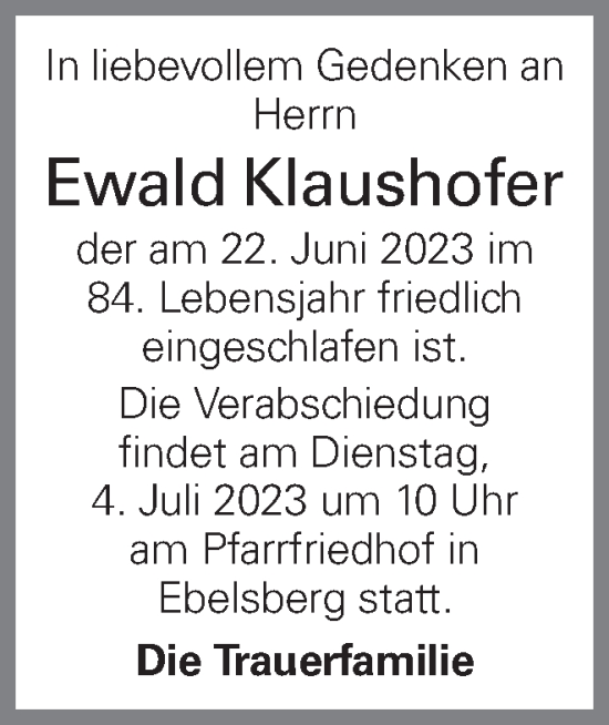 Traueranzeige von Ewald Klaushofer von OÖNachrichten