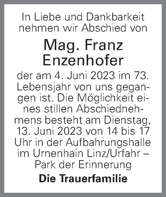 Traueranzeige von Franz Enzenhofer von OÖNachrichten