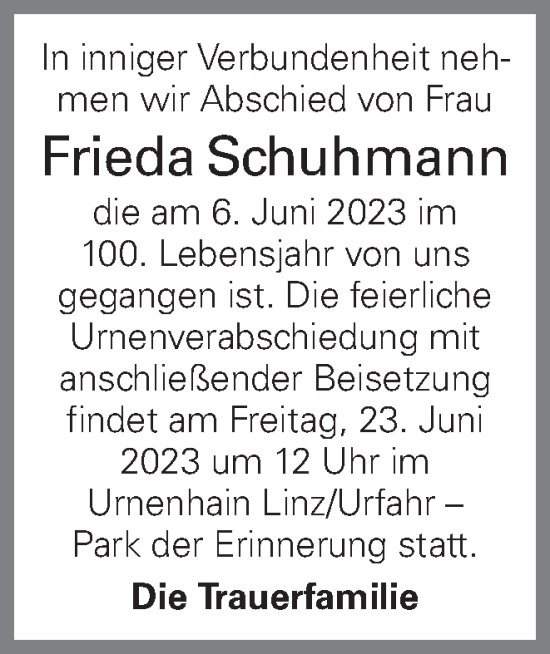 Traueranzeige von Frieda Schuhmann von OÖNachrichten