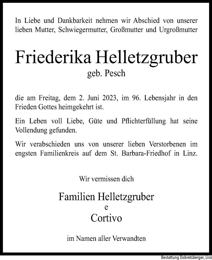  Traueranzeige für Friederika Helletzgruber vom 07.06.2023 aus OÖNachrichten