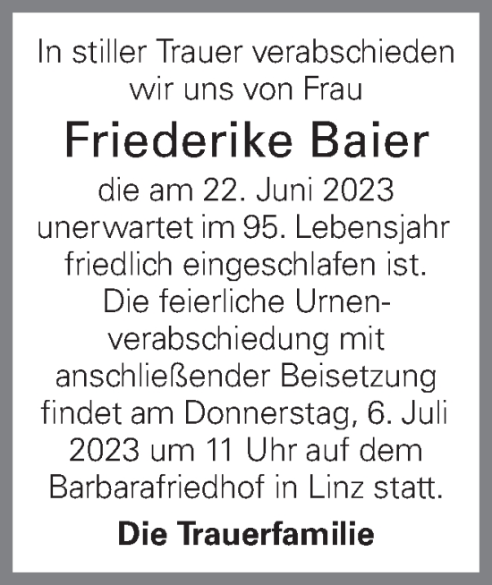 Traueranzeige von Friederike Baier von OÖNachrichten