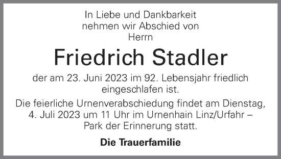 Traueranzeige von Friedrich Stadler von OÖNachrichten