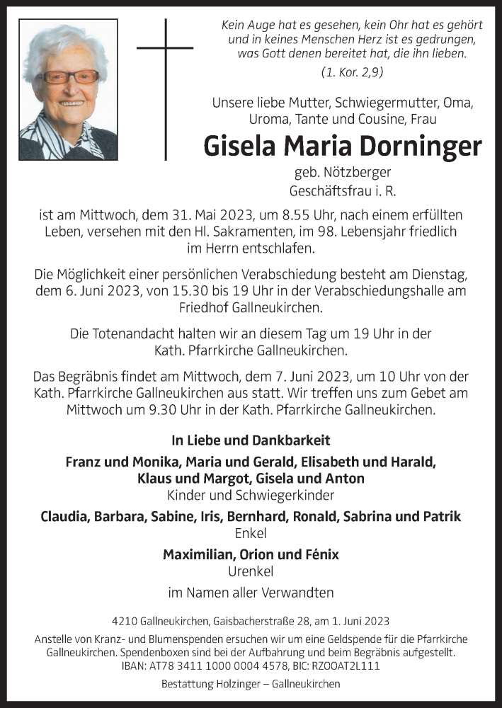  Traueranzeige für Gisela Maria Dorninger vom 03.06.2023 aus OÖNachrichten