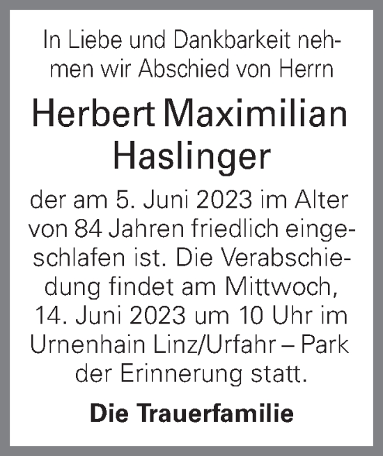 Traueranzeige von Herbert Maximilian Haslinger von OÖNachrichten