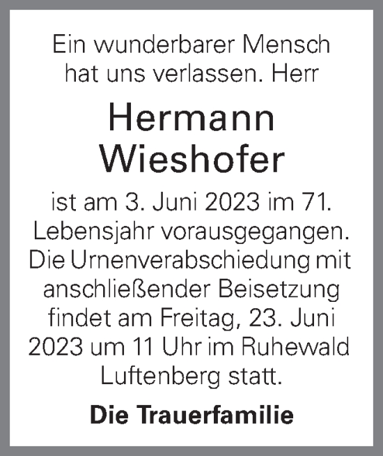 Traueranzeige von Hermann Wieshofer von OÖNachrichten