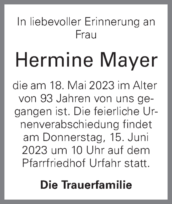 Traueranzeige von Hermine Mayer von OÖNachrichten