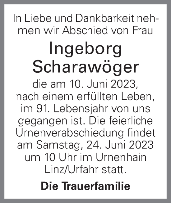 Traueranzeige von Ingeborg Scharawöger von OÖNachrichten