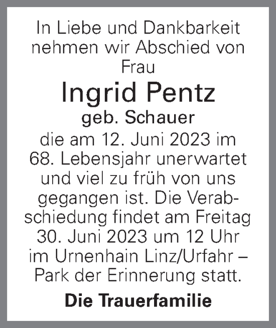 Traueranzeige von Ingrid Pentz von OÖNachrichten