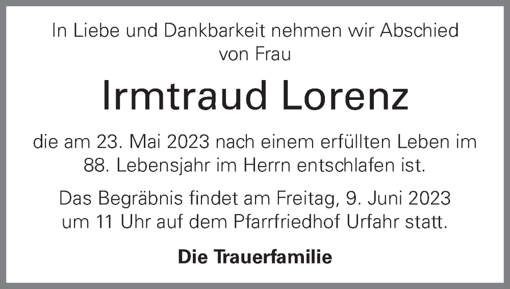  Traueranzeige für Irmtraud Lorenz vom 03.06.2023 aus OÖNachrichten