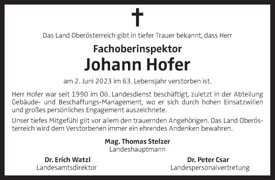 Traueranzeige von Johann Hofer von OÖNachrichten