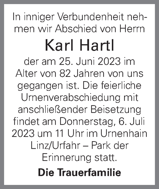 Traueranzeige von Karl Hartl von OÖNachrichten