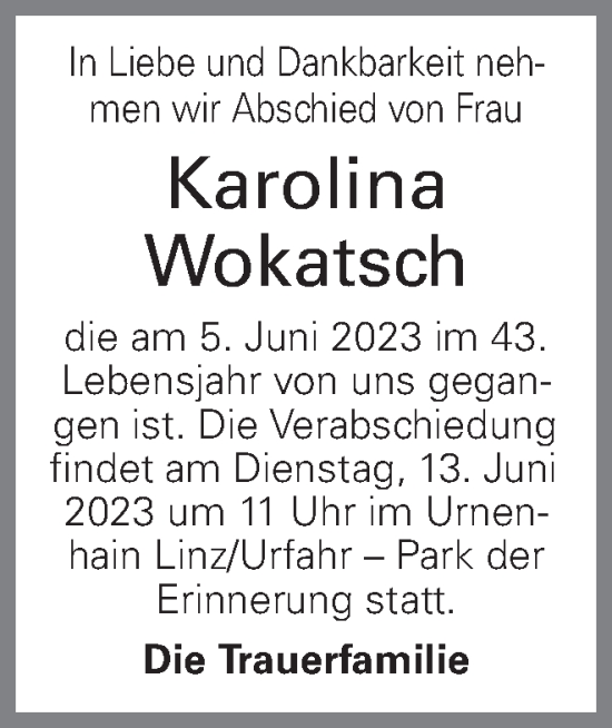 Traueranzeige von Karolina Wokatsch von OÖNachrichten