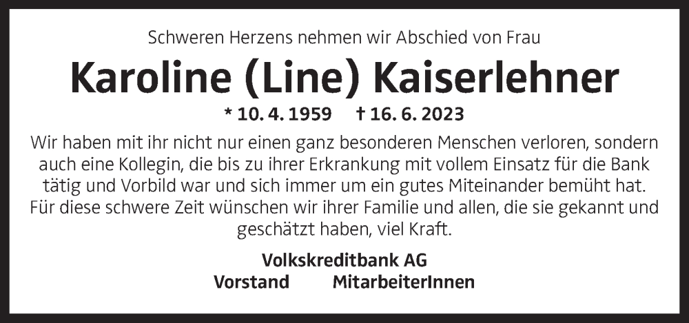 Traueranzeige für Karoline Kaiserlehner vom 22.06.2023 aus OÖNachrichten