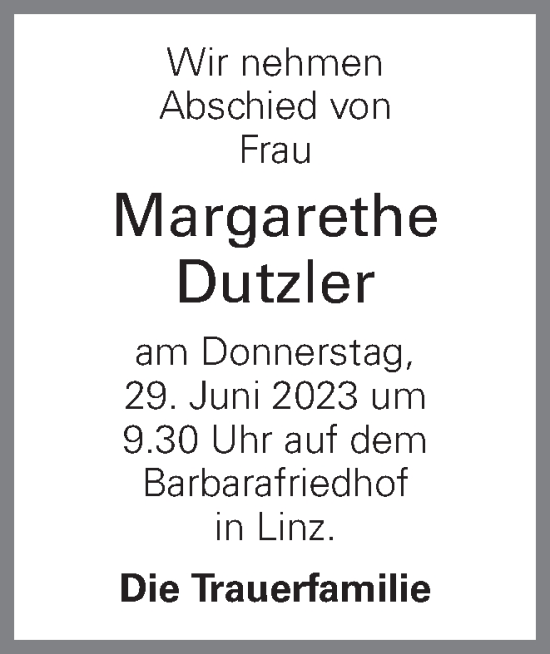 Traueranzeige von Margarethe Dutzler von OÖNachrichten