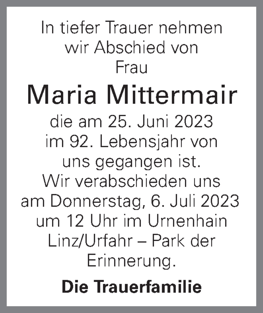 Traueranzeige für Maria Mittermair vom 01.07.2023 aus OÖNachrichten