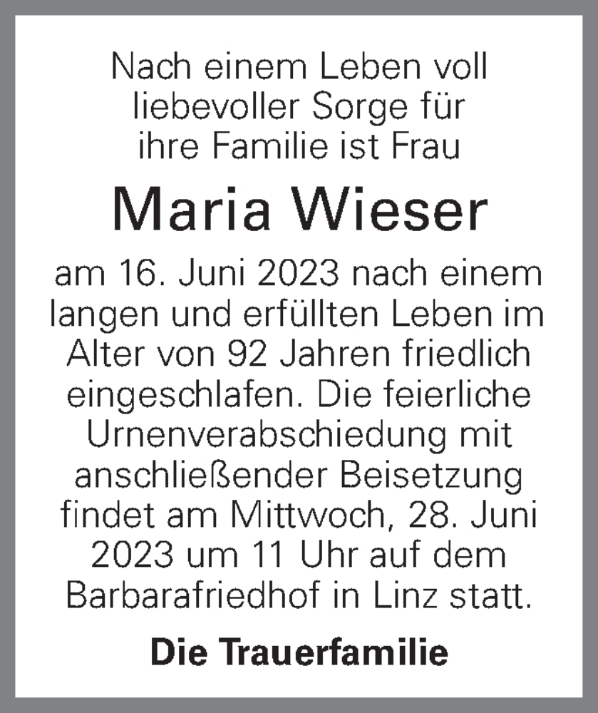  Traueranzeige für Maria Wieser vom 20.06.2023 aus OÖNachrichten