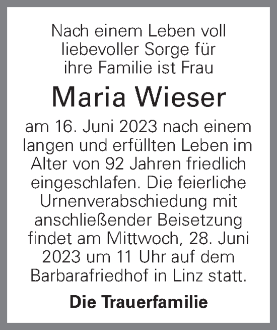 Traueranzeige von Maria Wieser von OÖNachrichten
