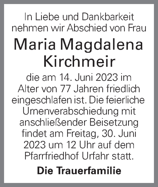 Traueranzeige von Maria Magdalena Kirchmeir von OÖNachrichten