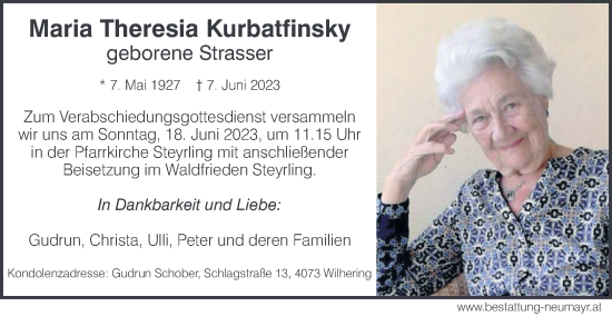 Traueranzeige von Maria Theresia Kurbatfinsky von OÖNachrichten