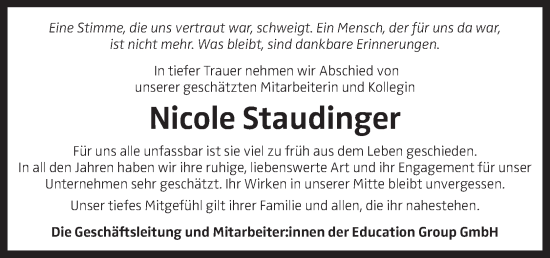 Traueranzeige von Nicole Staudinger von OÖNachrichten