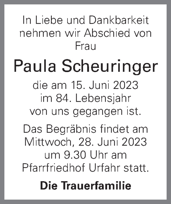 Traueranzeige von Paula Scheuringer von OÖNachrichten