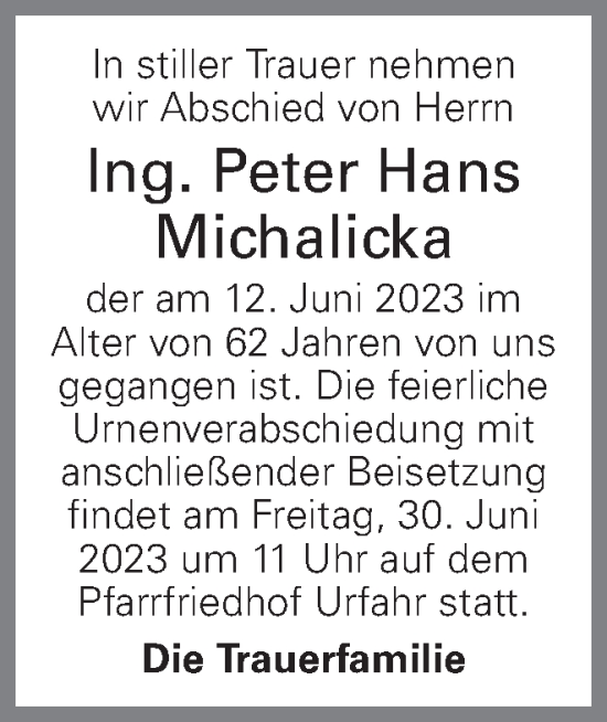 Traueranzeige von Peter Hans Michalicka von OÖNachrichten