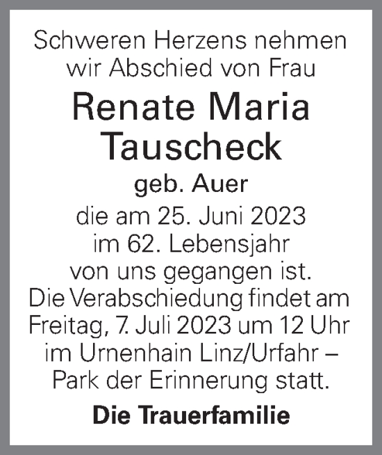 Traueranzeige von Renate Maria Tauscheck von OÖNachrichten