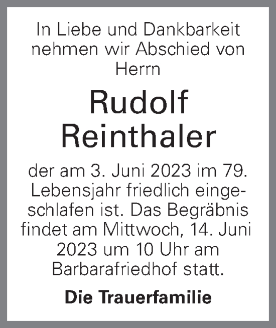 Traueranzeige von Rudolf Reinthaler von OÖNachrichten