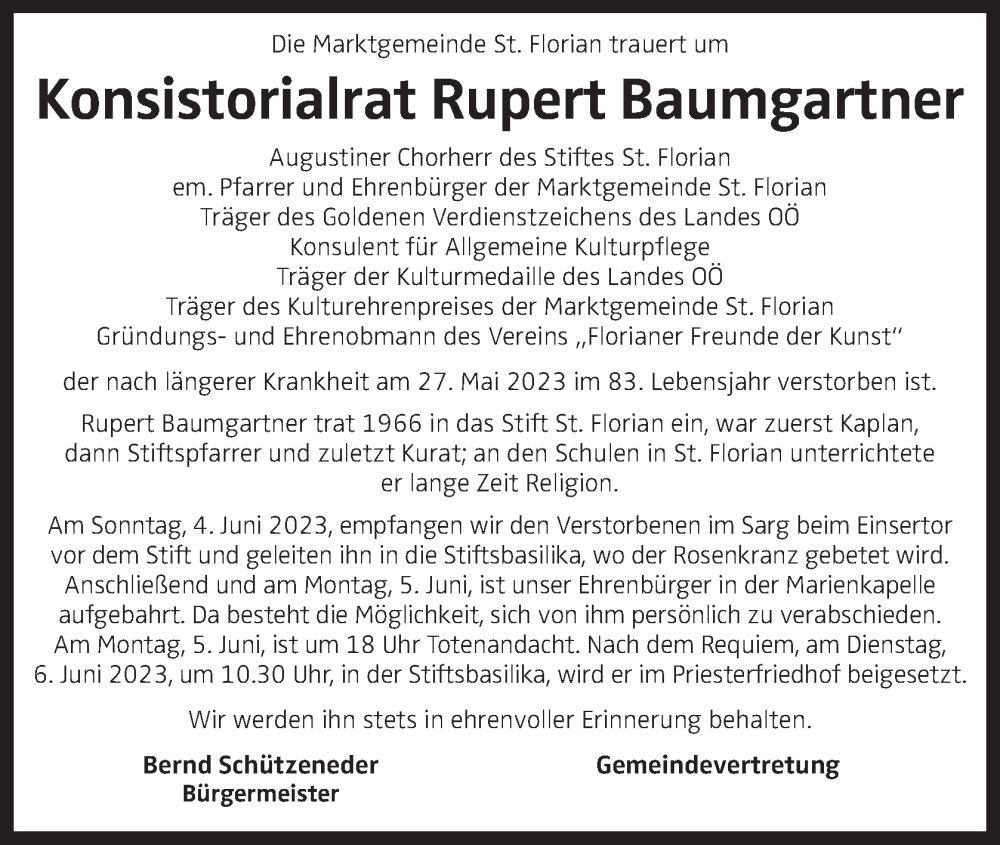  Traueranzeige für Rupert Baumgartner vom 03.06.2023 aus OÖNachrichten