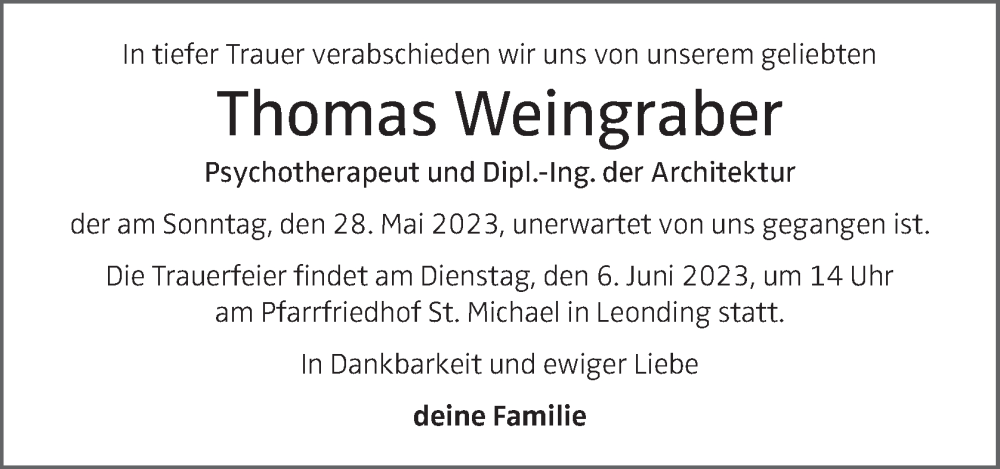  Traueranzeige für Thomas Weingraber vom 03.06.2023 aus OÖNachrichten