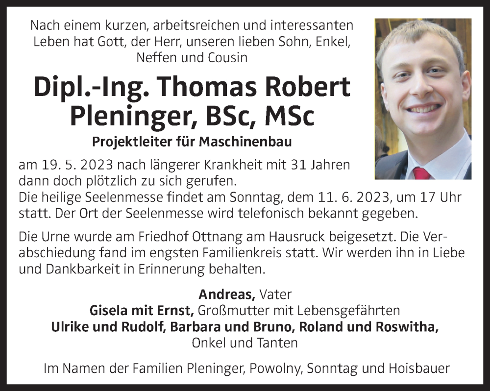  Traueranzeige für Thomas Robert Pleninger vom 07.06.2023 aus OÖNachrichten