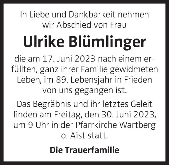 Traueranzeige von Ulrike Blümlinger von OÖNachrichten