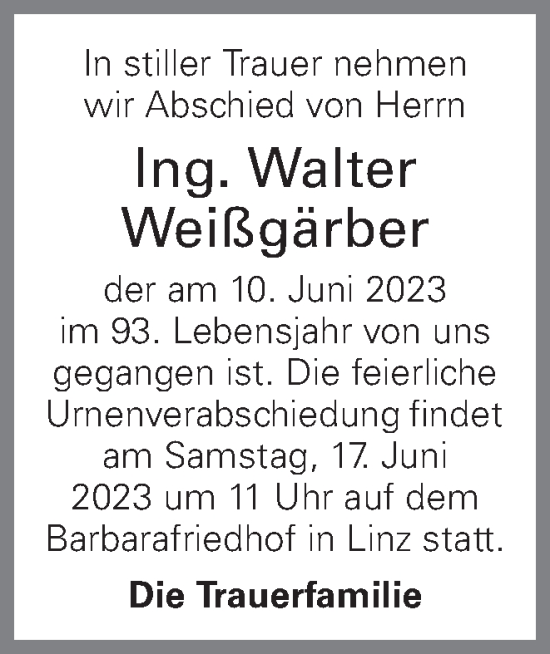 Traueranzeige von Walter Weißgärber von OÖNachrichten