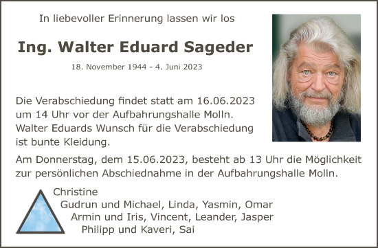 Traueranzeige von Walter Eduard Sageder von OÖNachrichten