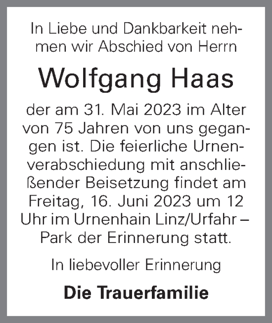 Traueranzeige von Wolfgang Haas von OÖNachrichten