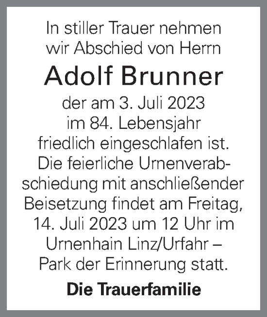 Traueranzeige von Adolf Brunner von OÖNachrichten